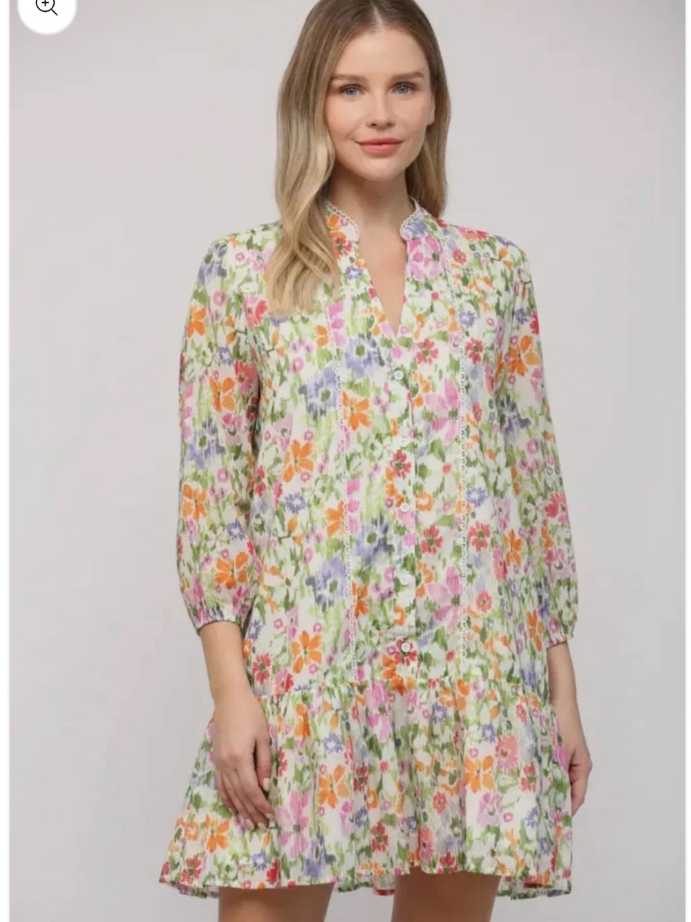 Fate Floral V-Neck Ruffle-Hem Tunic Dress in White with Pink, Orange & Green